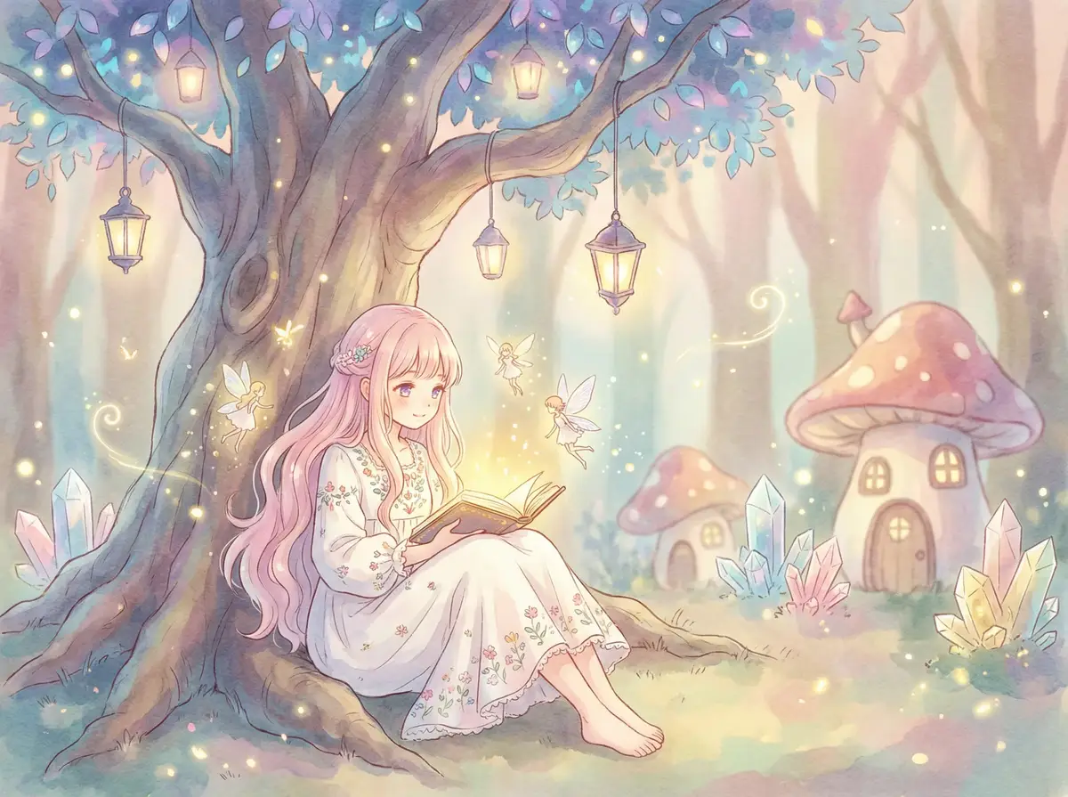 YW193.COC在线视频 - 魔法森林中阅读故事书的粉发少女与精灵